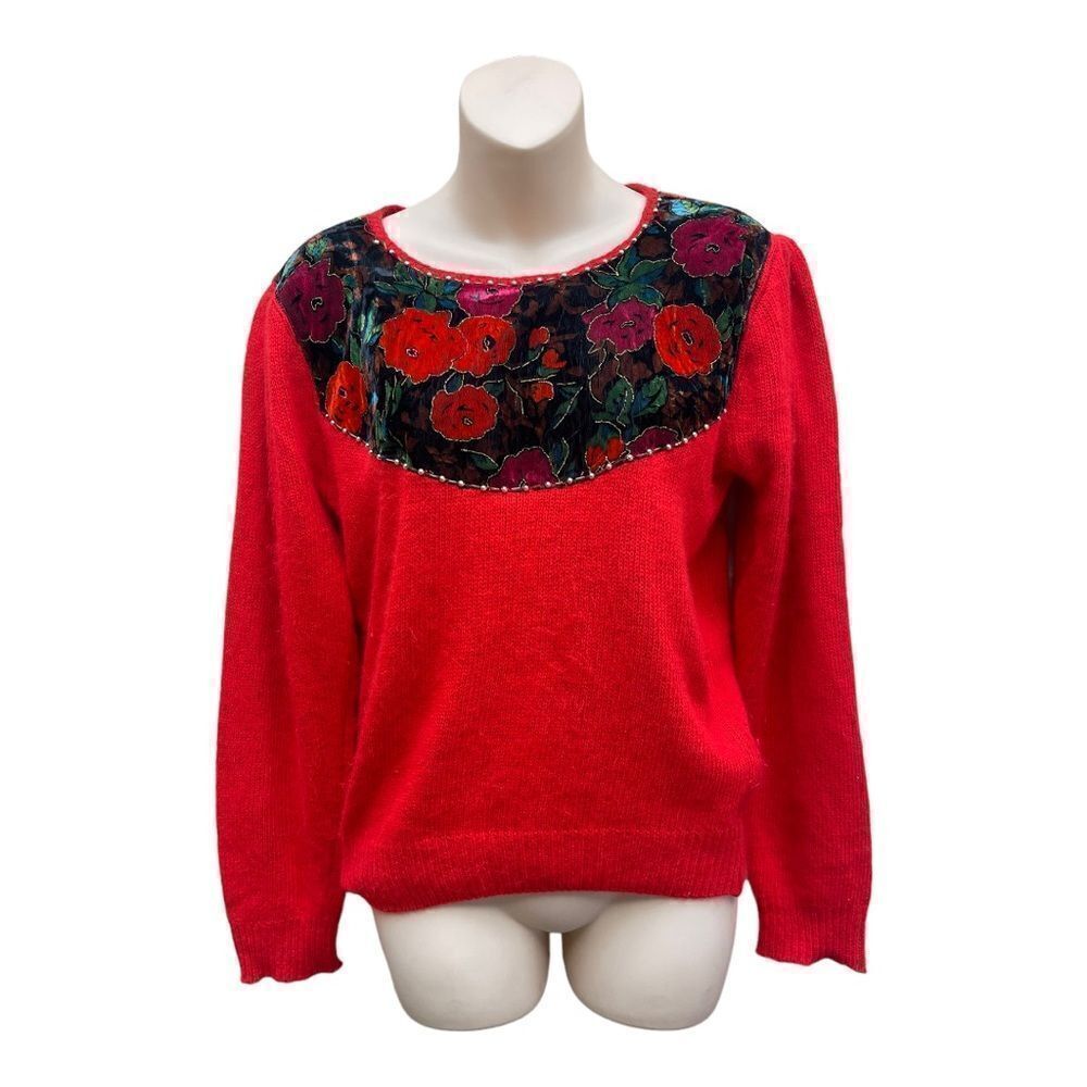 Vintage Marnie West Red Floral Beaded Sweater Silk Angora M 80s Holiday